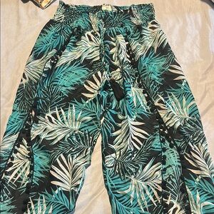 Tropical Leaf Print Pants